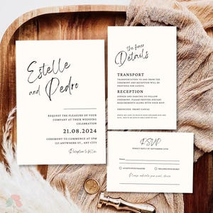 Ensemble de faire-part de mariage minimaliste, faire-part moderne en noir et blanc, faire-part élégant, RSVP simple et carte détaillée, faire-part de mariage moderne modifiable