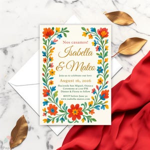 Colorful Floral Wedding Invitation Template, Talavera Tile Fiesta Invites, Red Blue Yellow Floral Invite, Mexican Otomi Folk Art Invite