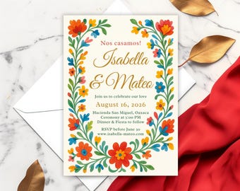 Colorful Floral Wedding Invitation Template, Talavera Tile Fiesta Invites, Red Blue Yellow Floral Invite, Mexican Otomi Folk Art Invite