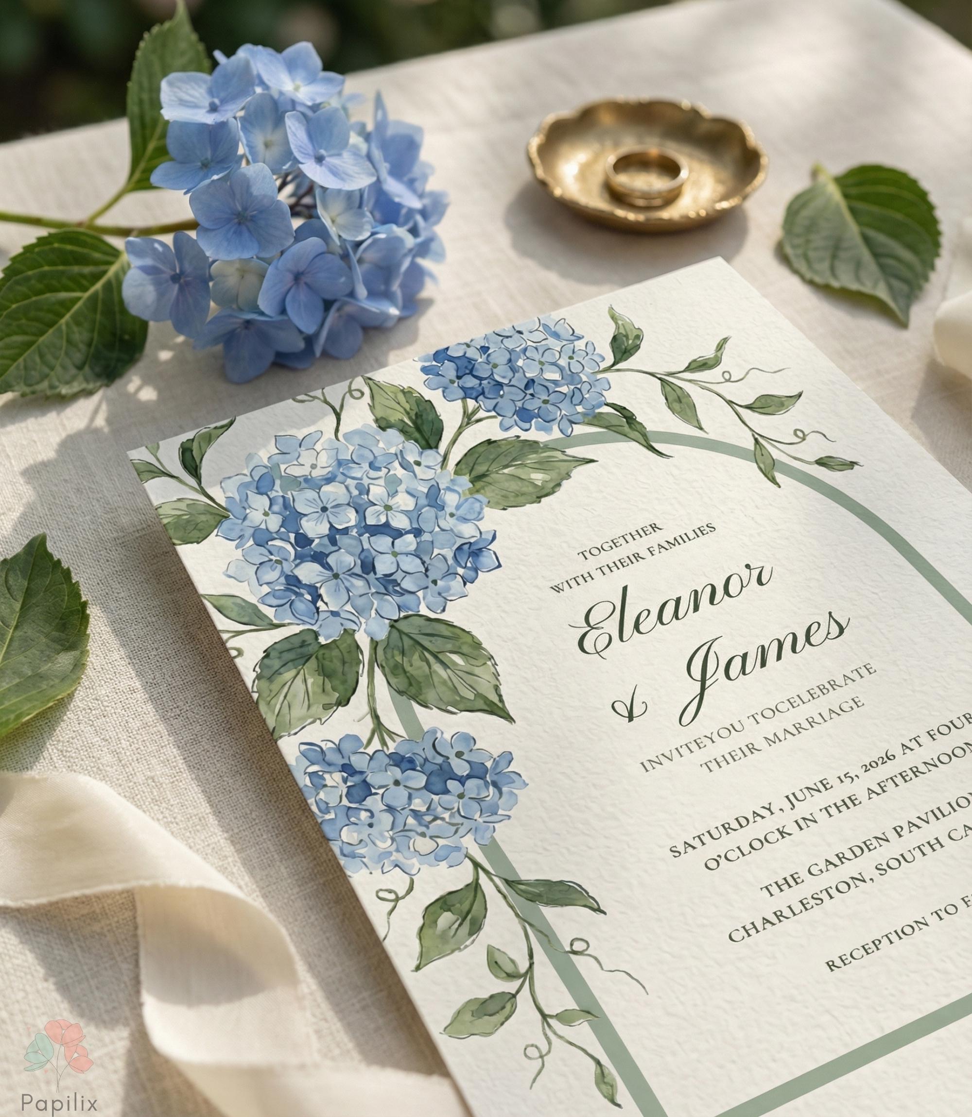 Blue Hydrangea Wedding Invitation, Watercolor Floral Arch, Romantic