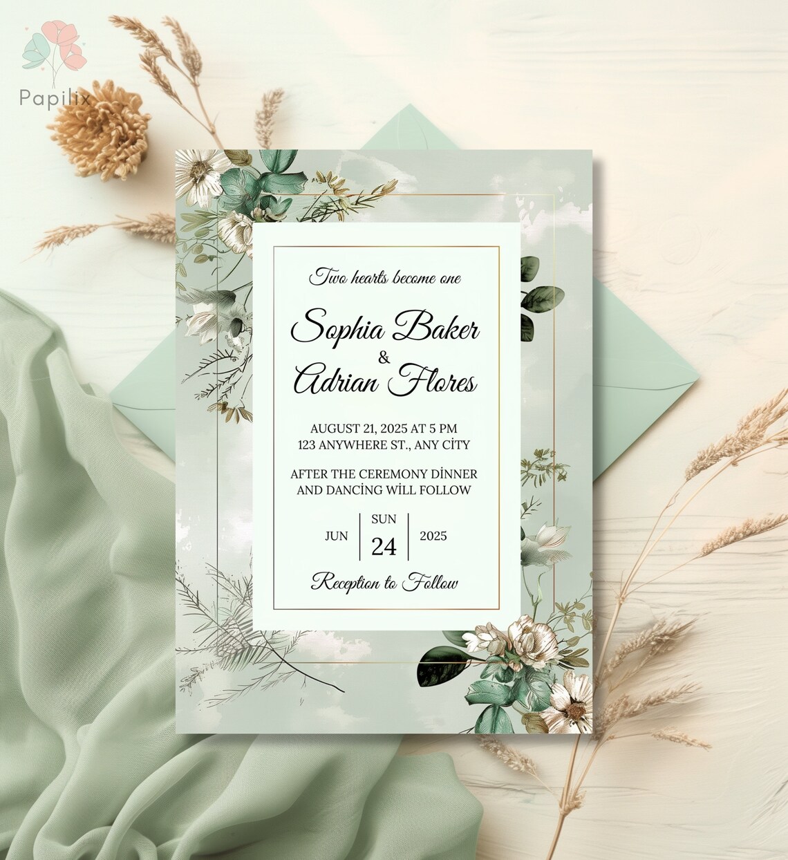 Elegant Sage Green Floral Wedding Invitation, Botanical Vintage Invite ...