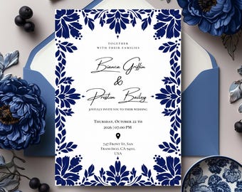 Blue Floral Wedding Invitation, Talavera Tile Inspired Invites, Navy Botanical Frame Invitation, Editable Mexican Wedding Invite Template