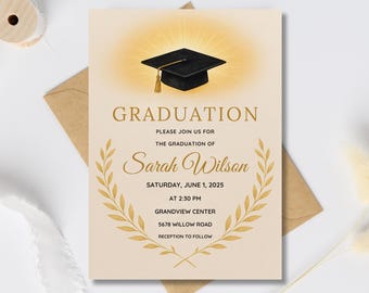 Graduation Invitation 2025 Template, Gold and Black Graduation Party Invite, Elegant Graduation Announcement, Graduation Cap Invites