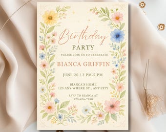 Floral Birthday Invitation Template, Garden Party Invite, Watercolor Flowers Happy Birthday Invite, Editable Spring Pastel Wildflower Invite