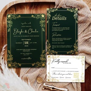 Grün & Gold Hochzeits-Einladungs-Set Formelle Blumen-Einladung Dunkelgrün Goldfolie Smaragd-Einladungen Verzierte Luxuriöse Hochzeit lädt ein