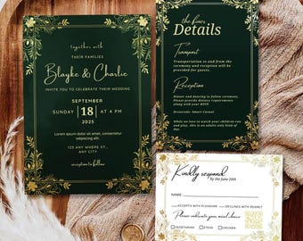 May include: A green and gold wedding invitation with a floral design. The invitation includes the couple's names, "Blayke & Charlie", the date and time of the wedding, and the location. The invitation also includes details about transportation and reception.