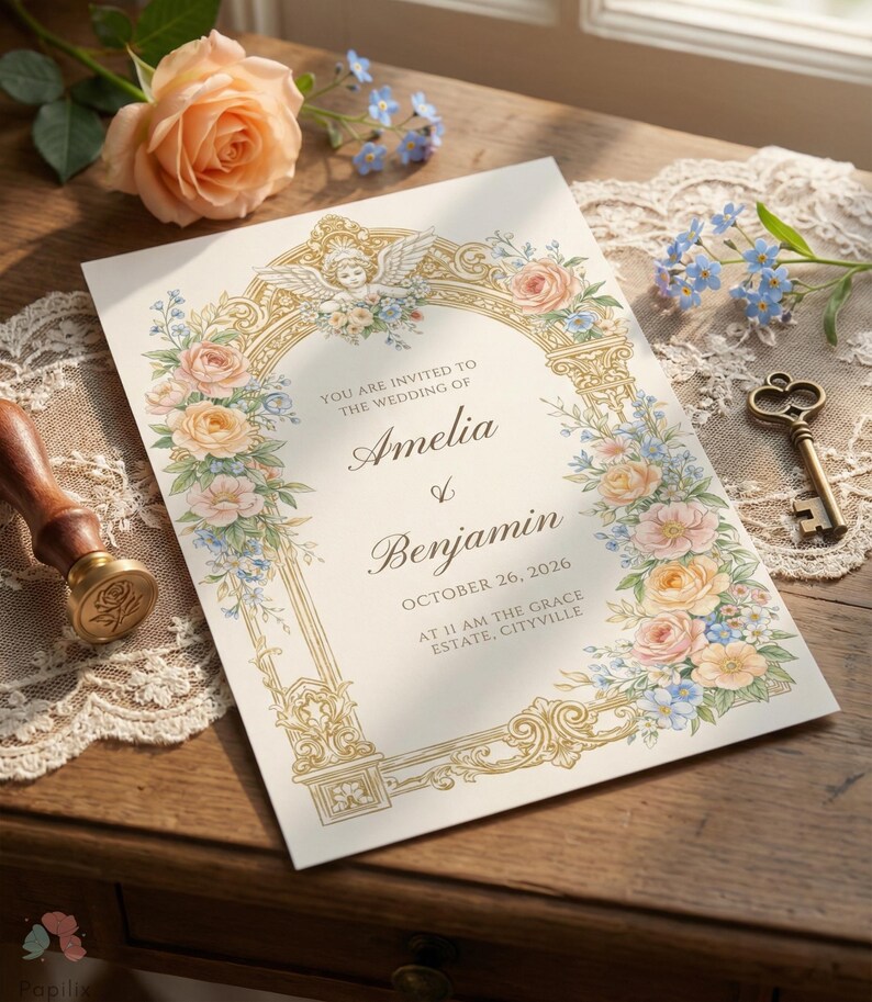 Gold Ornate Arch Wedding Invitation, Pastel Floral Cherub Invite ...