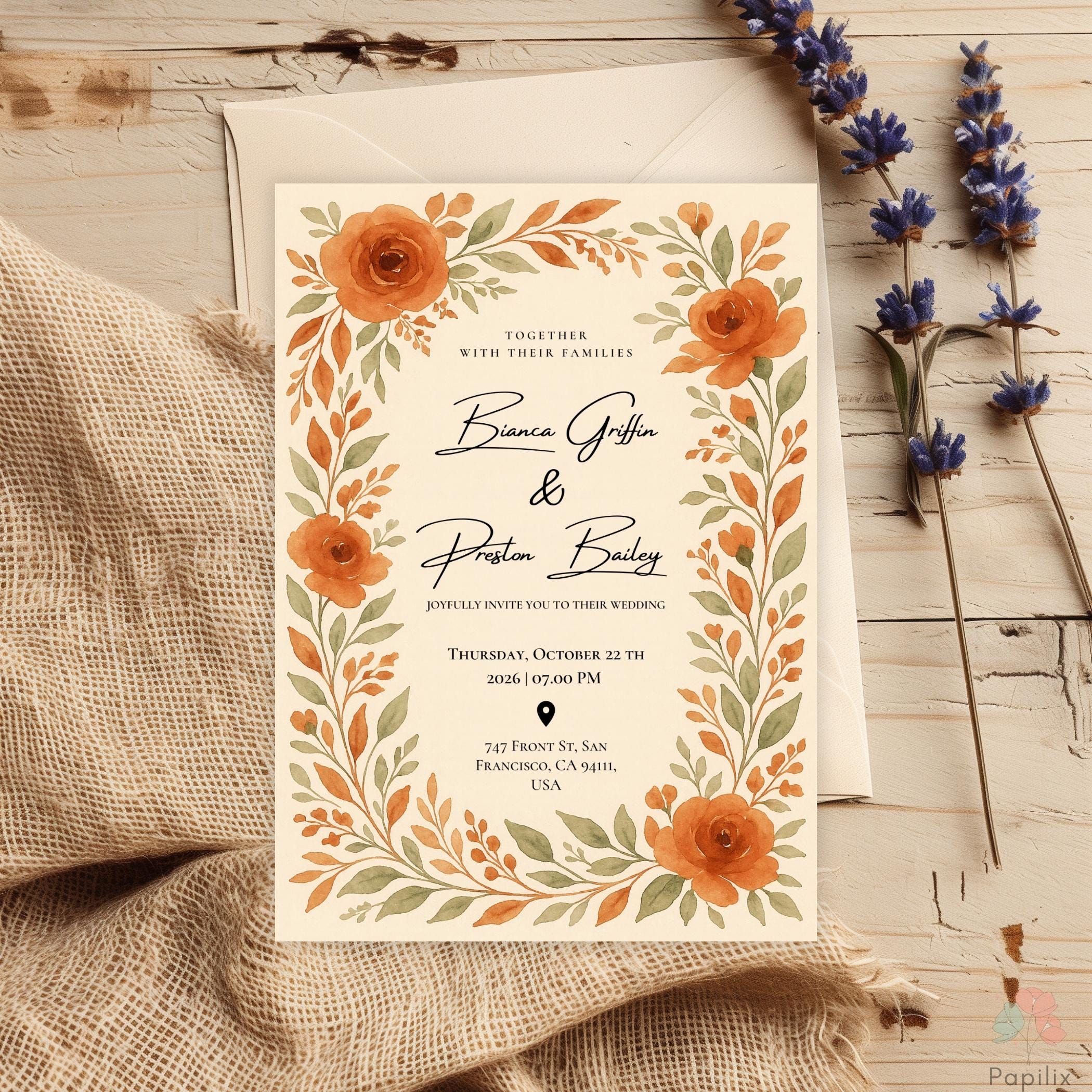 Terra Cotta Wedding Invitation Template, Rust Floral Invite, Burnt ...