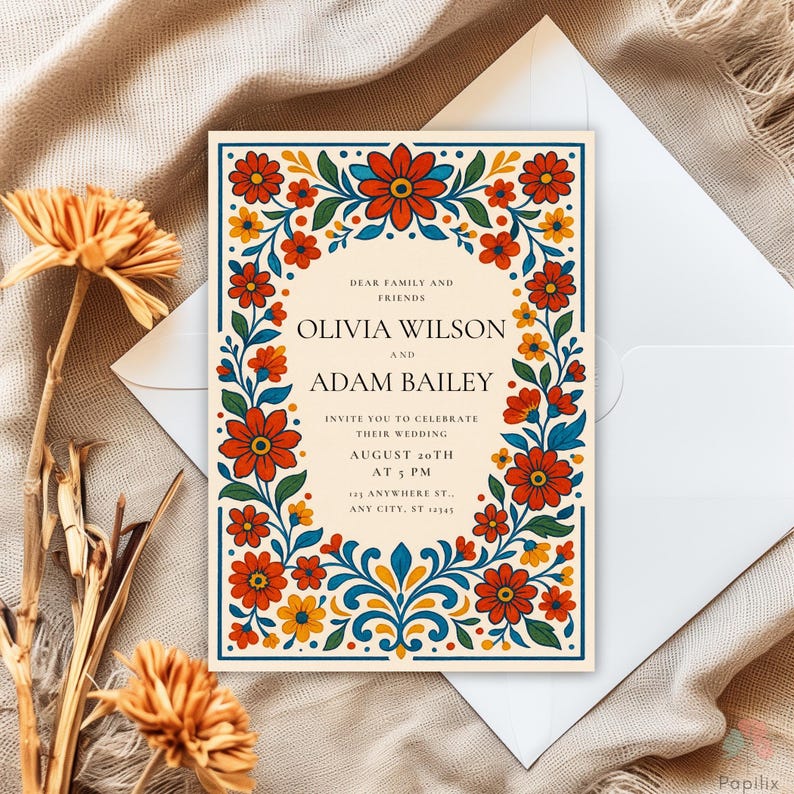 Colorful Mexican Wedding Invitation Template, Talavera Tile Fiesta ...