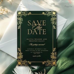 Smaragdgrün Save the Date Vorlage, Goldfolie Blumenhochzeitsankündigung, elegantes Dunkelgrün & Gold Save the Date Karte, Luxuseinladen
