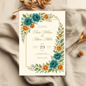 Teal and Orange Wedding Invitation Template, Watercolor Floral Invites, Burnt Orange and Greenery Invite, Elegant Boho Wedding Invitations