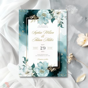 Invito a nozze floreale verde acqua e oro elegante, invito nel verde, fiori ad acquerello blu, invito a nozze moderno ed elegante, modello digitale