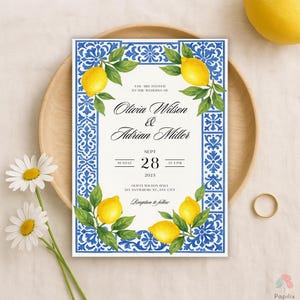 Lemon Wedding Invitation Template, Italian Tile Invite, Amalfi Coast Wedding Invites, Blue and Yellow Summer Invitation, Mediterranean Theme