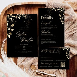 Black and Gold Wedding Invitation Template Set, Elegant Black Invite with Gold Foil Look, Formal Luxury Invites, Sophisticated Glam Suite
