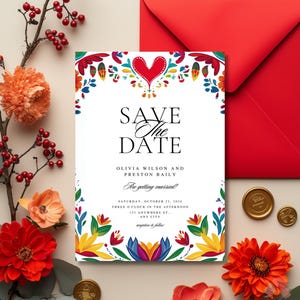 Mexican Wedding Save the Date Template, Talavera Folk Art Save the Date, Colorful Floral Fiesta Wedding, Spanish Otomi Boho Save the Date