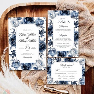 Blaue Französische Hochzeitseinladung, elegante Hochzeitseinladung in Marineblau und Weiß, klassische Hochzeitseinladung, Antwortkarte und Detailkarten-Set-Vorlage