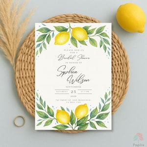 Lemon Wedding Invitation Template, Citrus Summer Invite, Yellow Green Botanical Watercolor Invites, Mediterranean Garden Wedding Invitation