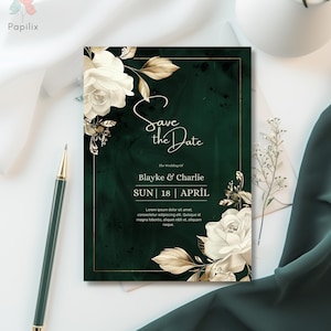 Smaragdgrüne Blumenabwehr das Datum, elegante weiße Rosen-Abwehr das Datum, Goldakzent laden ein, moderne botanische Hochzeitsankündigungs-Karte
