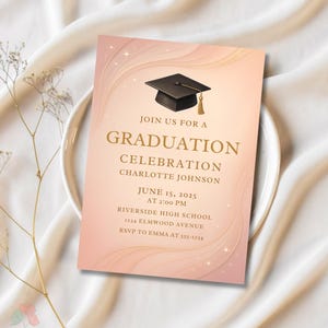 Graduation Invitation 2025 Template, Elegant Pink & Gold Graduation Party Invite, Black Cap and Gown Graduation Announcement, Modern Invite