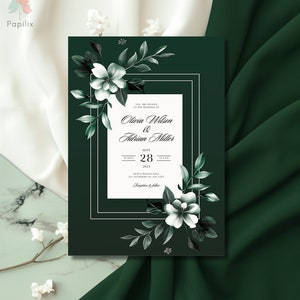 Elegante invito a nozze verde scuro, invito floreale botanico minimalista, senza tempo, invito alla magnolia, inviti classici color smeraldo a tema naturale