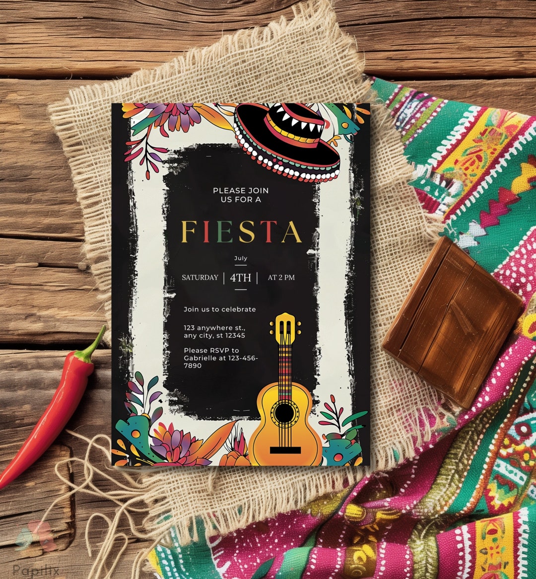 Fiesta Invitation, Mexican Birthday Party Invite, Sombrero and Guitar ...