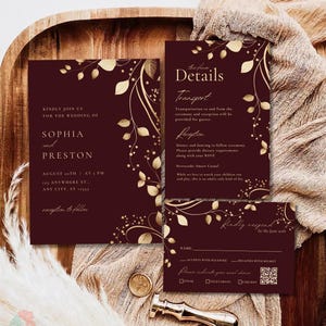 Burgundy and Gold Wedding Invitation Template, Elegant Fall Wedding Invites, Dark Red Floral Invite, Autumn Wedding, Romantic Printable