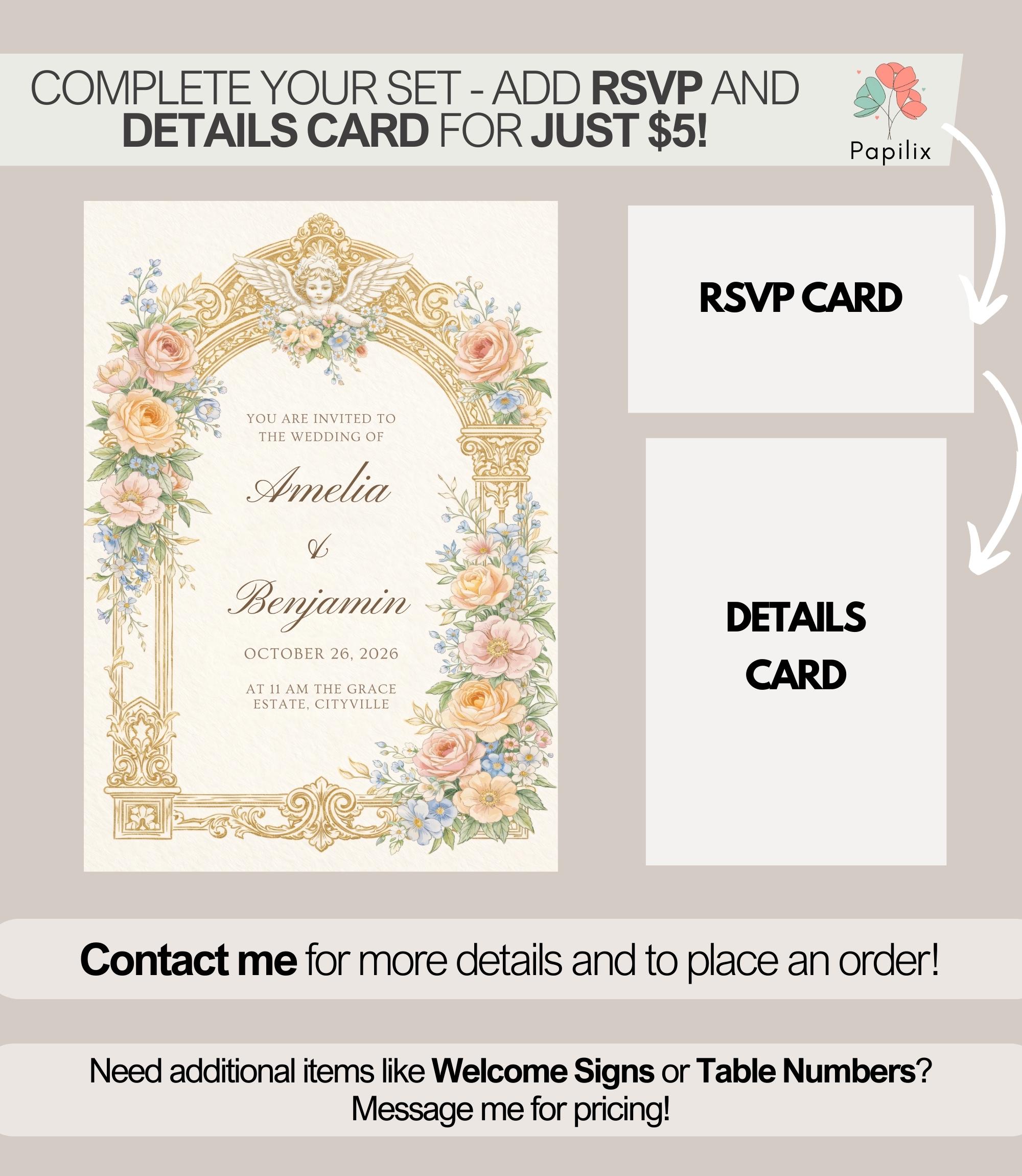 Gold Ornate Arch Wedding Invitation, Pastel Floral Cherub Invite ...
