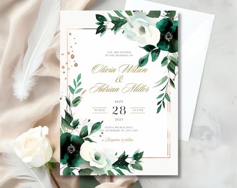 May include: Wedding invitation with a floral design. The invitation features the names "Olivia Wilson & Adrian Miller" in gold script, along with the date "September 28, 2023." The design includes white and dark green watercolor flowers and foliage, with a gold border.