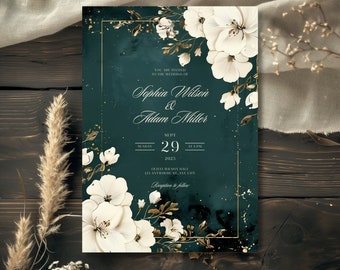 May include: A teal green wedding invitation with gold accents and white floral illustrations. The invitation reads "You are invited to the wedding of Sophia Wilson & Adam Miller, Sunday, Sept 29, 2025, at 4 PM, Olivia Wilson Hale, 123 Anywhere Stany Cry, Reception to follow."