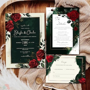 Smaragdgrüne Hochzeitseinladung mit roten Rosen, dunkelgrüne Blumen lädt ein, elegante Goldakzente