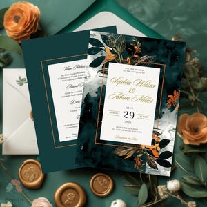 Modèle de faire-part de mariage vert émeraude et cuivre – Faire-part de mariage aquarelle floral foncé foncé avec détails botaniques élégants, Faire-part de mariage bleu sarcelle