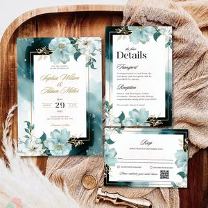 Elegante groenblauwe bruiloft uitnodigingsset, bloemen groen nodigt, aqua en goud moderne bruiloft uitnodiging, bewerkbare sjabloon, groene en crème bloem
