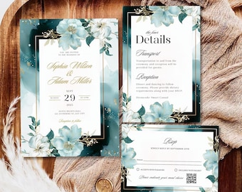 Peut inclure: Ensemble d'invitations de mariage avec un motif floral bleu sarcelle et blanc. L'invitation comprend les noms du couple, la date du mariage et le lieu. La carte RSVP comprend un code QR pour que les invités puissent répondre.