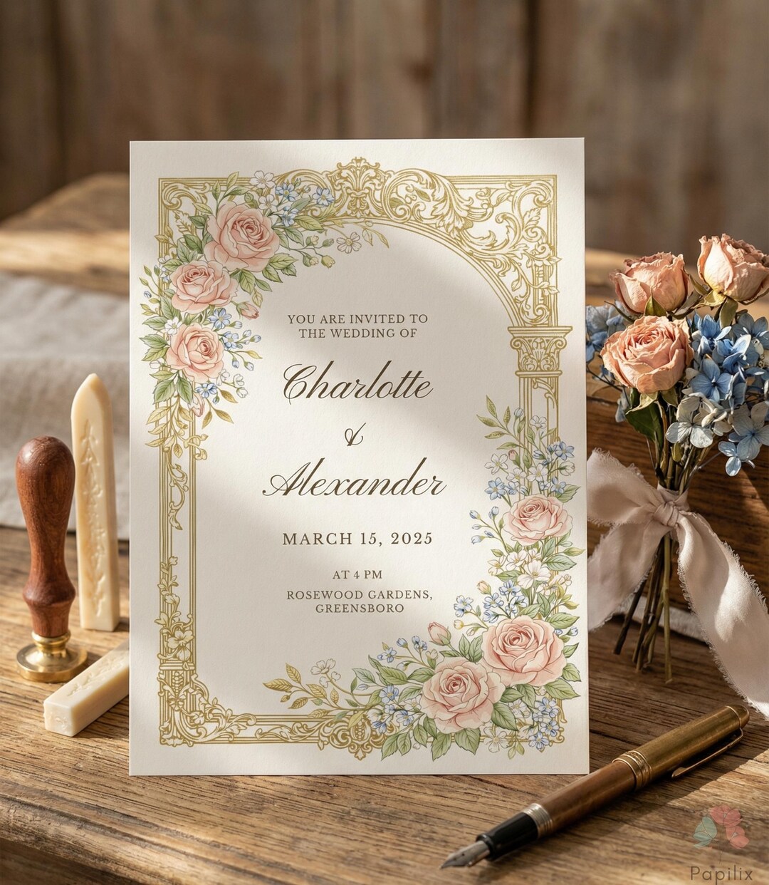 Gold Ornate Frame Wedding Invitation, Pink Rose and Blue Floral Invite ...