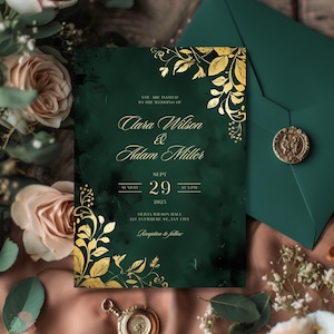 Emerald Green and Gold Floral Wedding Invitation Template, Dark Green ...