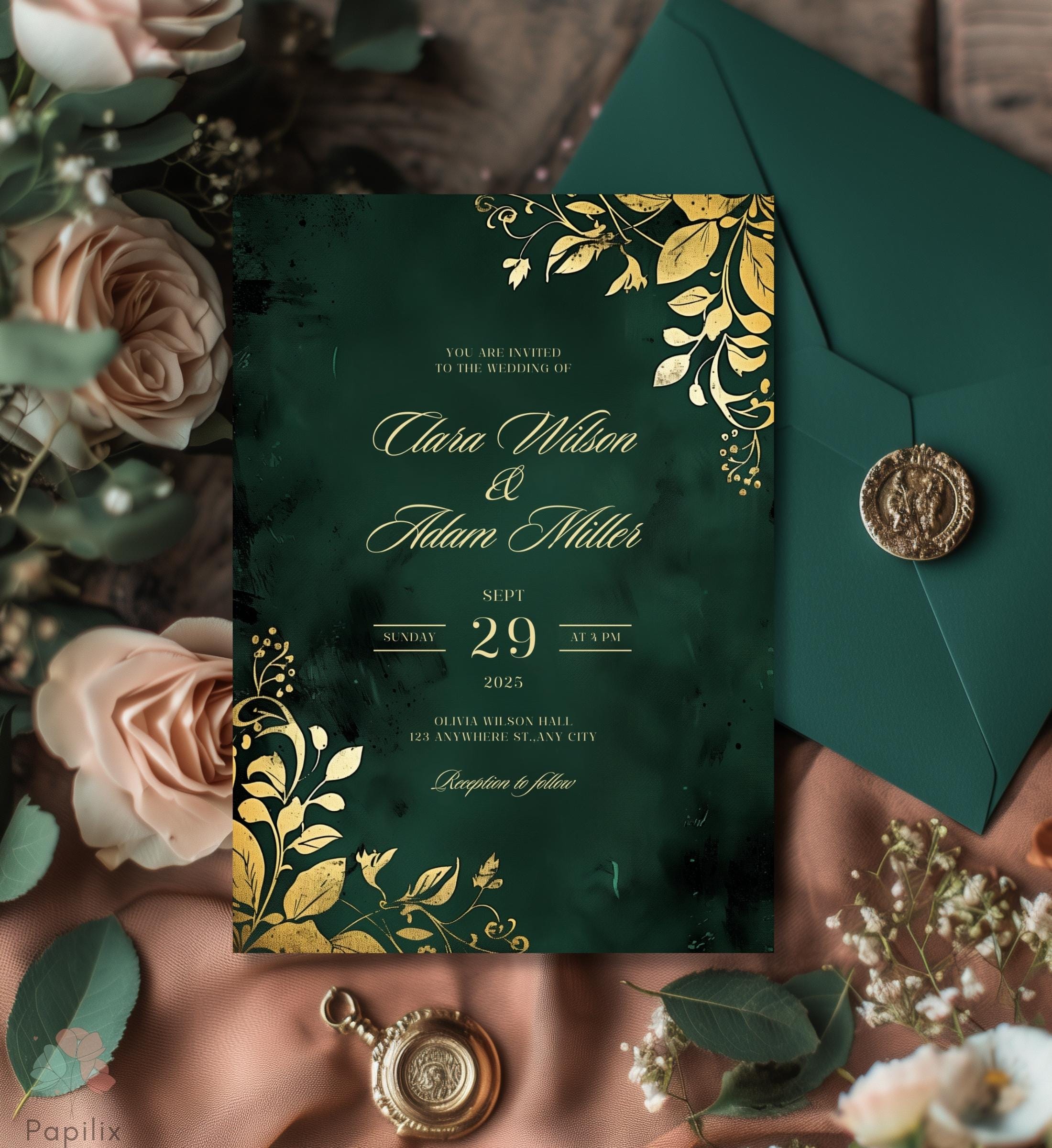 Emerald Green and Gold Floral Wedding Invitation Template, Dark Green ...