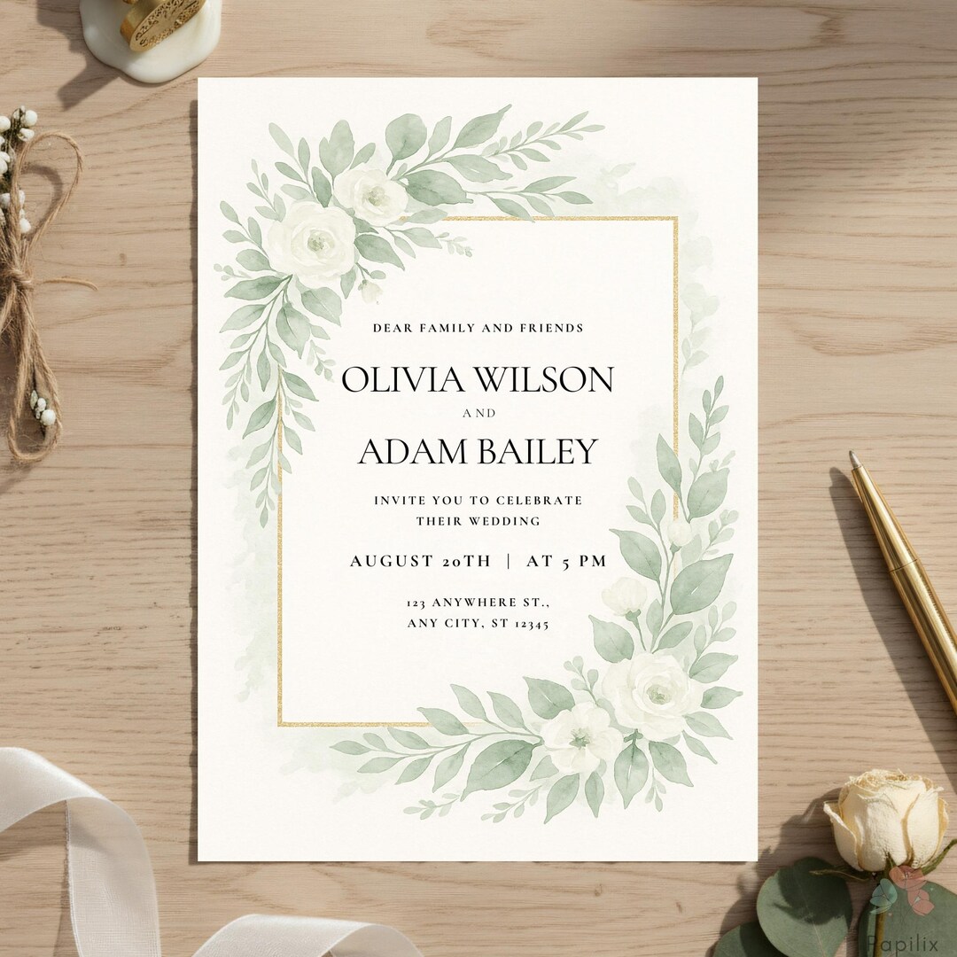 Elegant Sage Green Wedding Invitation, Green Floral Invite, White Rose ...