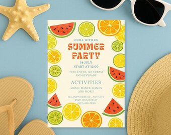 Citrus Fruit Party Invitation Template, Watercolor Watermelon Orange Lemon Lime Invite, Summer Birthday Fiesta Editable Invites