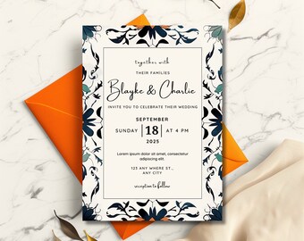 Talavera Tile Wedding Invitation Template, Blue & Orange Floral Invite, Mexican Themed Wedding, Editable PDF Download, Elegant Invitation