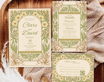 Peut inclure: Ensemble de faire-part de mariage avec un fond crème et des motifs floraux et de volutes verts et dorés. L'invitation principale affiche les noms "Clare et David", la date et le lieu. Un sceau de cire et un tampon sont également présents.