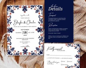 Editable Mexican Wedding Invitation Set – Navy & Burnt Orange Talavera Tile Design, Spanish Style Floral Invite, Digital Template for Canva