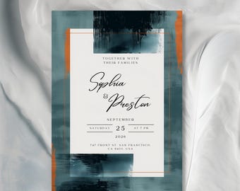 May include: Wedding invitation with a blue and black abstract watercolor background. The text reads "Together with their families, Sophia & Preston, September 25, 2026, Saturday at 7 PM, 747 Front St. San Francisco, CA 94111, USA".