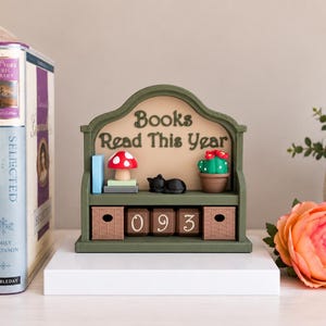 May include: A green wooden shelf display with the text Books Read This Year, featuring a miniature red and white mushroom, a black cat figurine, and a potted cactus. Below the shelf are three brown blocks displaying the number 093.