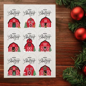 Etiquettes cadeaux pour grange de Noël | Téléchargement numérique PDF | 9 étiquettes de vacances uniques | Imprimable instantanément | Décoration de Noël à la ferme | Impression depuis la maison