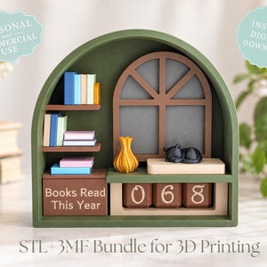 May include: A green arched 3D printed shelf display featuring a brown window frame, a sleeping black cat figurine, a yellow vase, and miniature books. A brown box is labelled "Books Read This Year" next to three rotating number blocks showing 068.