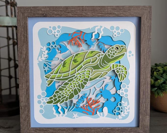 Sea Turtle Layered Paper 3D Art Coastal Shadow Box Framed Ocean Wall ...