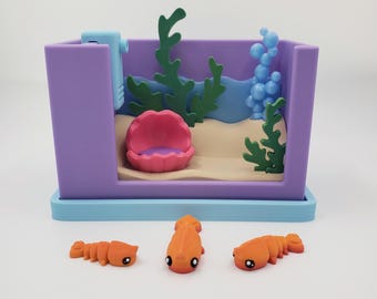 Shrimp Desk Pet Aquarium, 3D Printed Fidget Shrimps with Tank Display