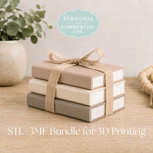 May include: A stack of three rectangular books in shades of beige, cream, and taupe, tied together with a tan burlap ribbon. The text on the image reads: PERSONAL and COMMERCIAL USE, INSTANT DIGITAL DOWNLOAD, and STL+3MF Bundle for 3D Printing.