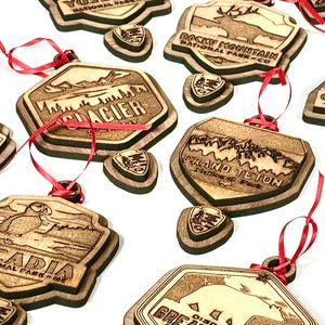 National Park Service (NPS) Wooden Ornaments – Laser Engraved Walnut Veneer Christmas Ornament with Red Ribbon Pick Your Park - NPS Ornament