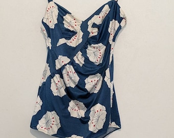 Vintage 1960s MOD Flower Print Swimsuit Robby Len Blue 13/14
